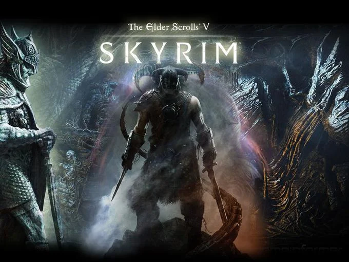 The Elder Scrolls — Skyrim key art of hooded Dragonborn holding two swords with game title above