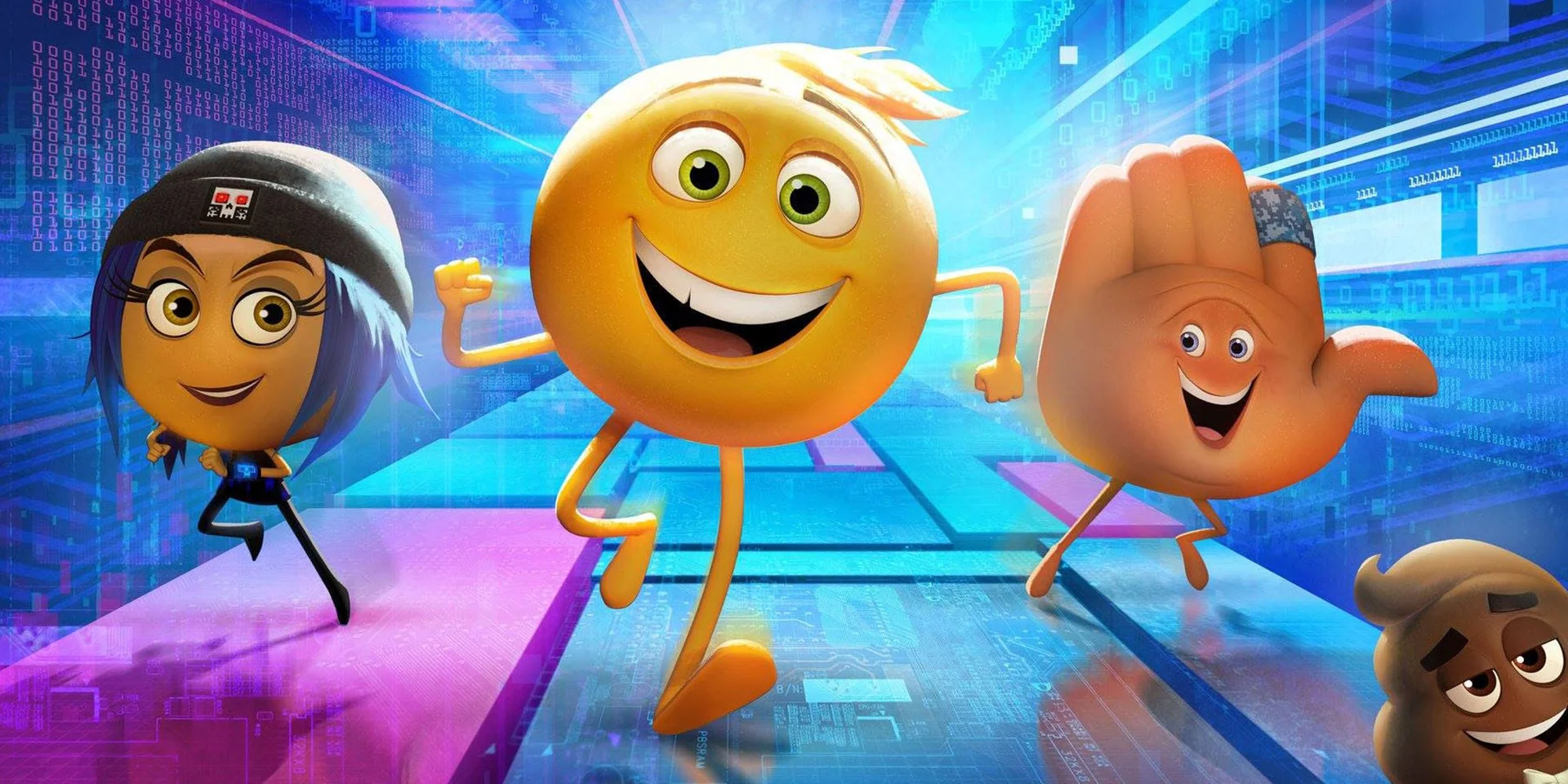 The Emoji Movie — Three emoji characters—Jailbreak, Gene and Hi-5—running through a glowing digital world