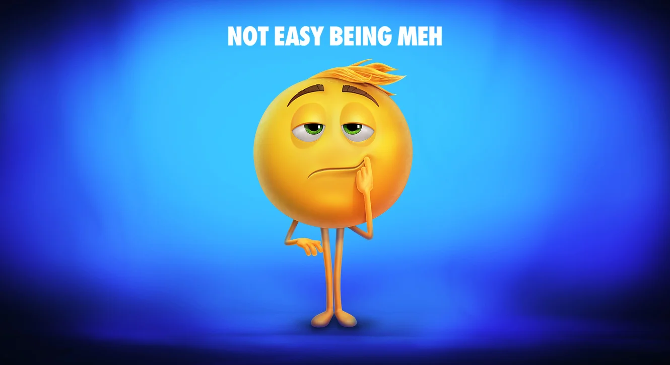 The Emoji Movie — Yellow emoji character Gene with a tired, uneasy expression beside the words 'Not Easy Being Meh'