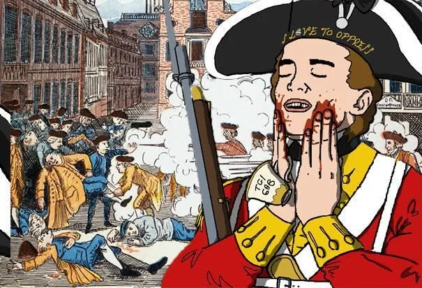 The Eternal Anglo — Cartoon of a crying redcoat labeled I love to oppress next to the Boston Massacre