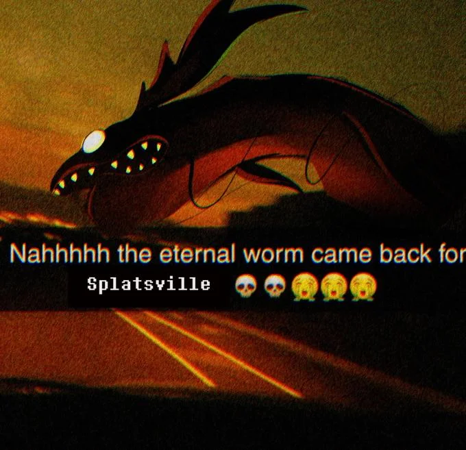The Eternal Worm Came Back For Connecticut — Splatoon-style eel creature over a highway with caption about the eternal worm returning for Splatsville.