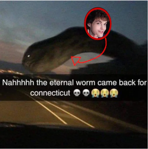 The Eternal Worm Came Back For Connecticut — Edit of the eternal worm meme with a man's face circled on the creature's chest area with a red arrow.