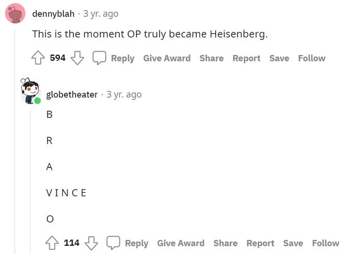 The Exact Moment Walter White Became Heisenberg — Reddit comment thread with Bravo Vince Gilligan reply