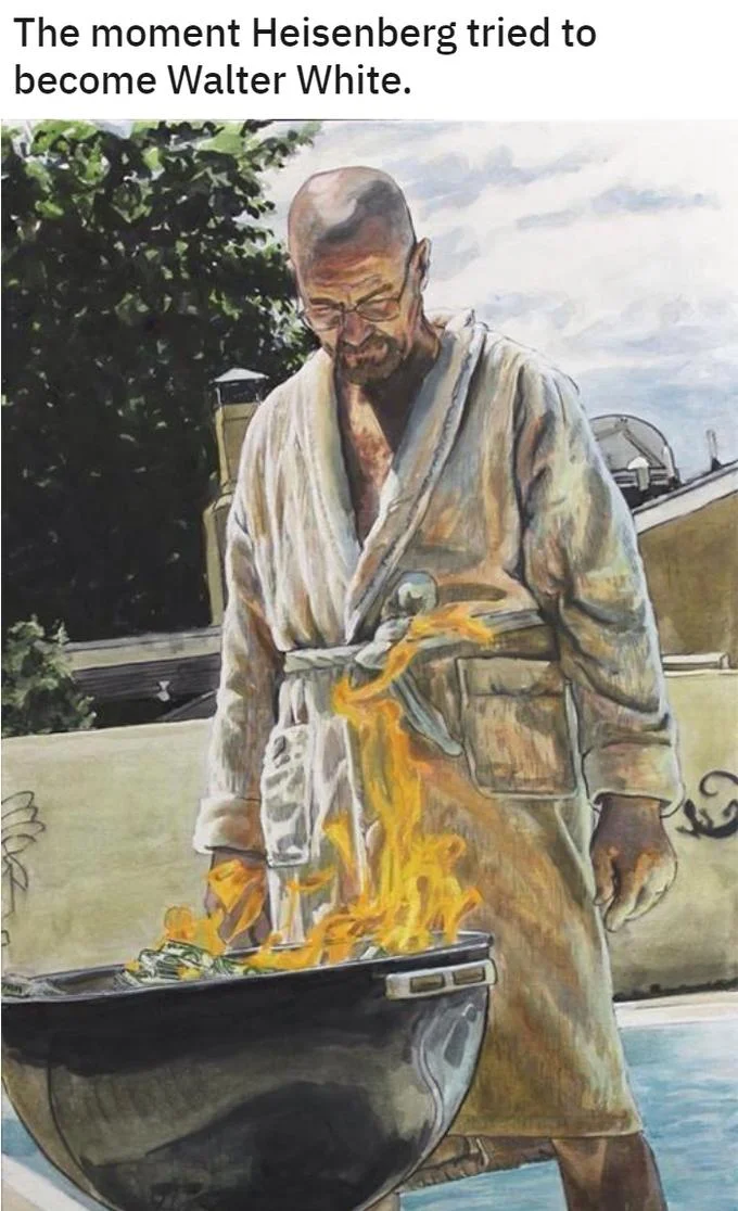 The Exact Moment Walter White Became Heisenberg — Painting of Walter White in a bathrobe burning items in a grill
