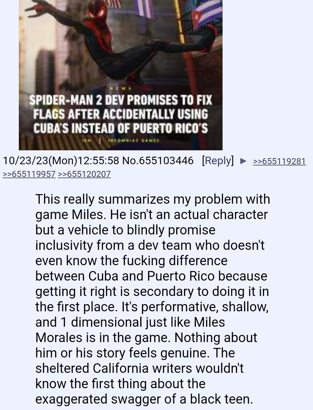 The Exaggerated Swagger of a Black Teen — 4chan screenshot of a post about Spider-Man 2 flag mix-up ending with the exaggerated swagger phrase
