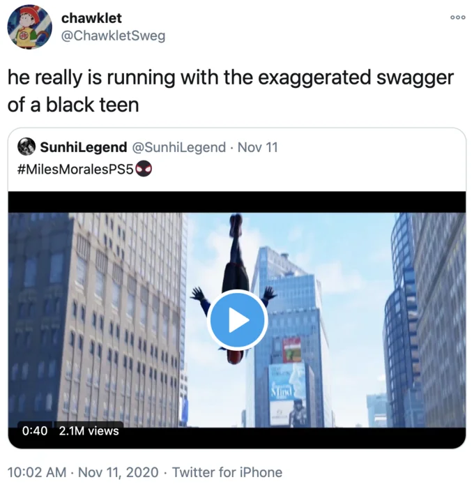 The Exaggerated Swagger of a Black Teen — Twitter screenshot of ChawkletSweg quote-tweeting SunhiLegend with the viral exaggerated swagger phrase