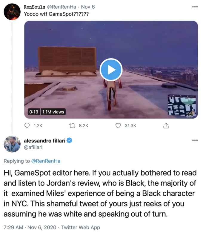 The Exaggerated Swagger of a Black Teen — Twitter screenshot of RenRenHa reacting to a GameSpot Miles Morales clip and Alessandro Fillari replying