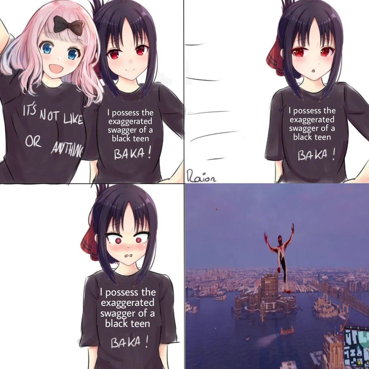 The Exaggerated Swagger of a Black Teen — Kaguya-sama anime four-panel meme with shirt text about exaggerated swagger and Miles Morales gameplay