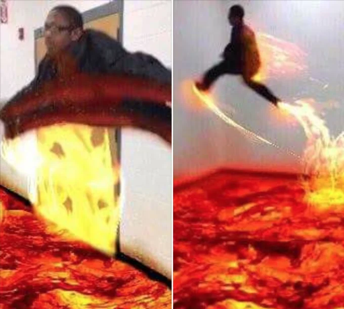 The Floor Is... — A creative variation showing a person performing dramatic jumping and flipping poses with red and yellow lava-like visual effects.