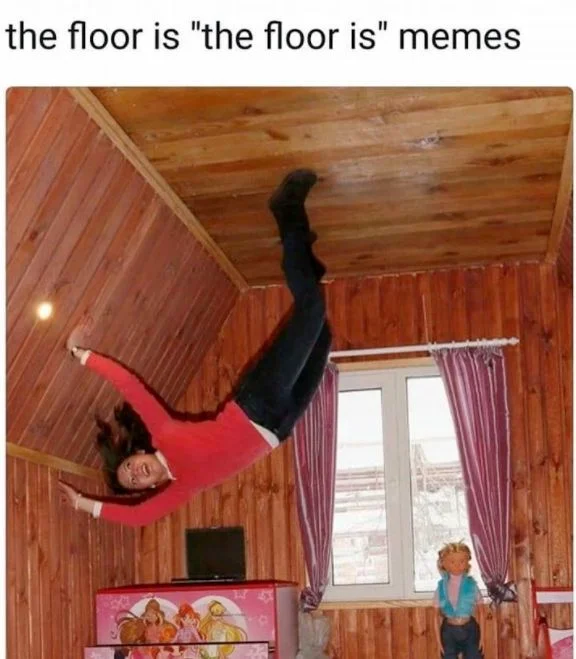 The Floor Is... — A self-referential meme reading 'the floor is the floor is memes' with a person floating upside-down against a wooden ceiling.