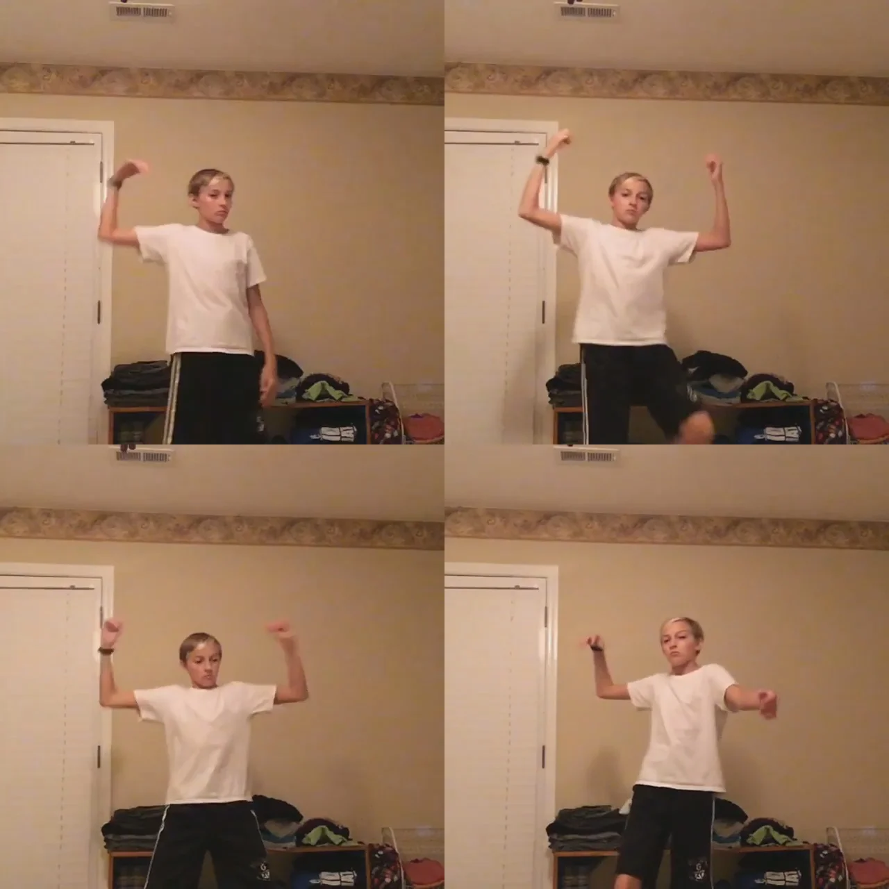 Four-panel grid of the Backpack Kid demonstrating the Floss dance in his bedroom