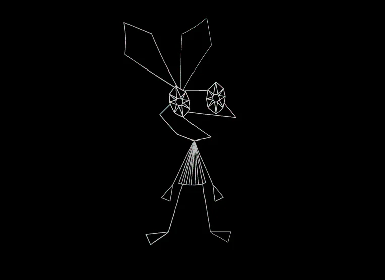 Abstract pink wireframe figure doing the Floss dance on a black background