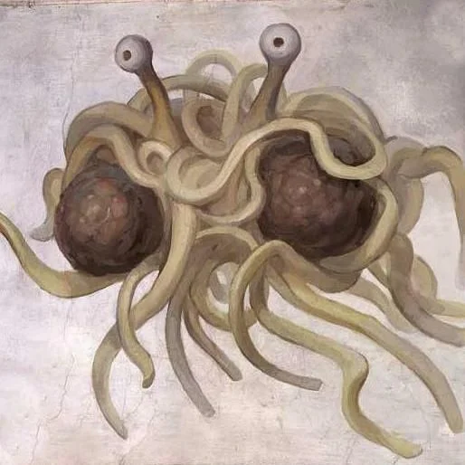 Painting of the Flying Spaghetti Monster with noodle tentacles, two meatballs, and two eyestalks.