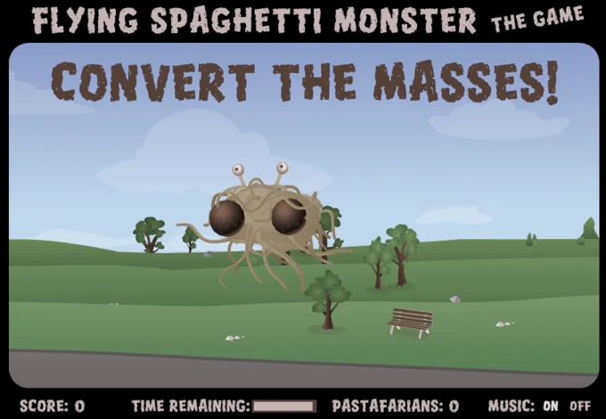 The Flying Spaghetti Monster — Screenshot of Flying Spaghetti Monster: The Game titled 'Convert the Masses!' with FSM in a park.