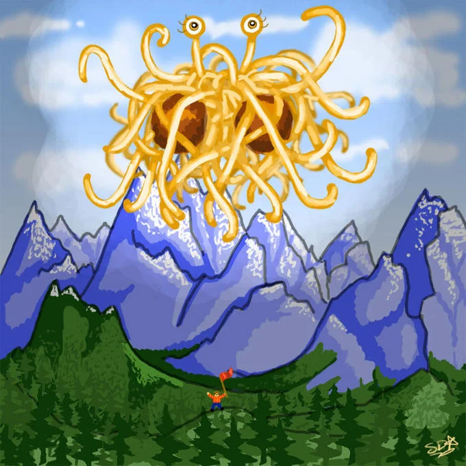 Farmville game screenshot with hay bales arranged to depict the Flying Spaghetti Monster.