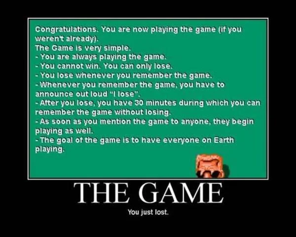 An iconic green information box containing the complete rules of The Game psychological internet concept with losing conditions and objectives.