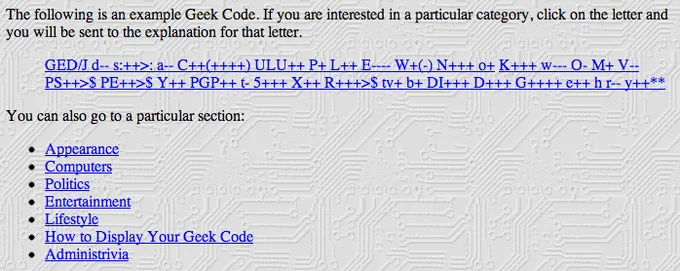 The Geek Code — A webpage screenshot on a circuit board background displaying a sample Geek Code string with hyperlinked category letters and links to code