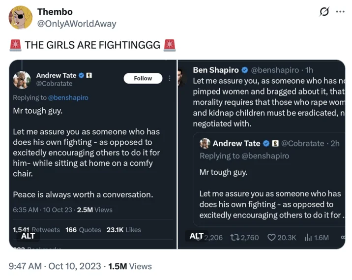 Tweet showing Andrew Tate and Ben Shapiro Twitter argument with caption THE GIRLS ARE FIGHTINGGG