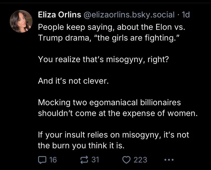 Bluesky post criticizing the girls are fighting jokes as misogynistic when applied to male public figures