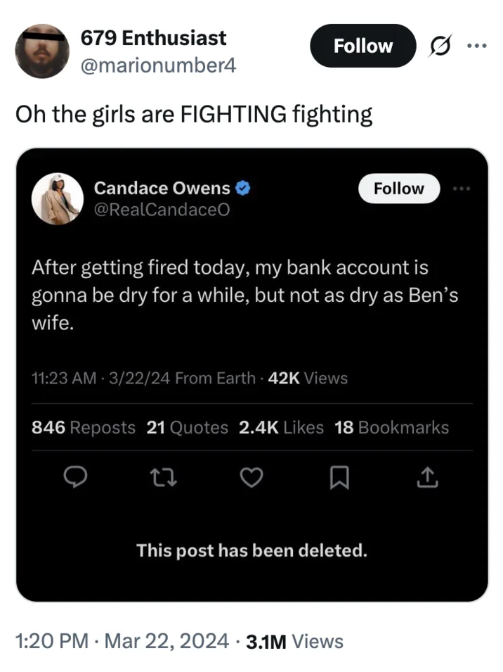 Tweet about Candace Owens deleted post with caption oh the girls are FIGHTING fighting
