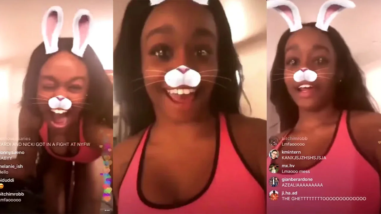 The Girls Are Fighting — Instagram Live screenshots of woman with bunny filter reacting to Cardi B and Nicki Minaj fight news at NYFW