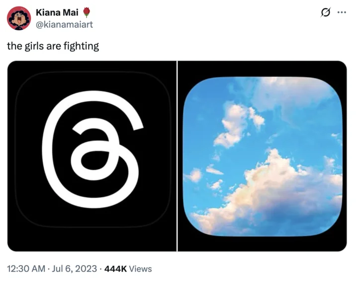 Tweet comparing Threads and Bluesky logos with caption the girls are fighting