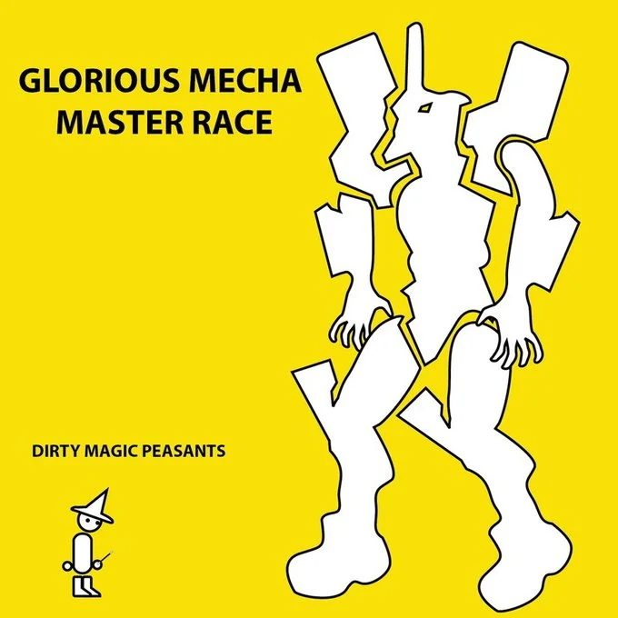 The Glorious PC Gaming Master Race — Yellow poster of Evangelion mecha silhouette labeled Glorious Mecha Master Race with tiny witch figure