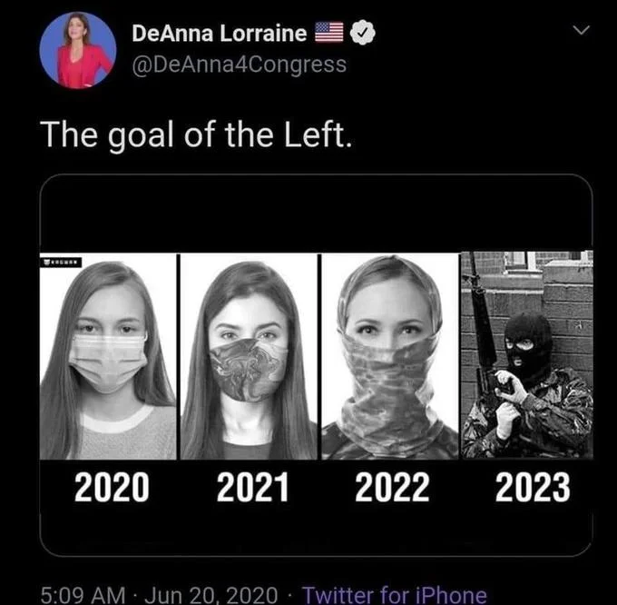 The Goal Of The Left — Tweet edit swapping the 2023 niqab panel for an image of a masked gunman holding a rifle.