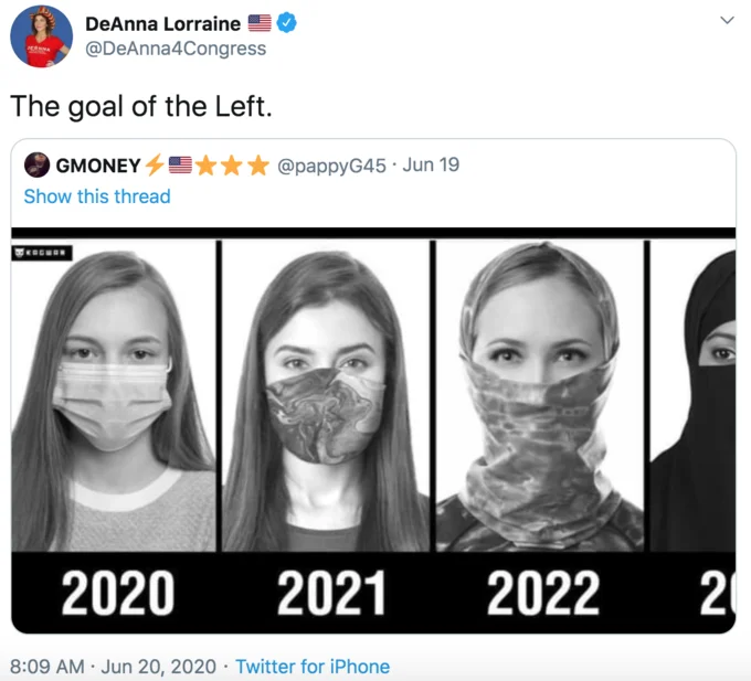 Twitter screenshot of DeAnna Lorraine's tweet 'The goal of the Left' quote-tweeting the 2020-2023 mask progression image.