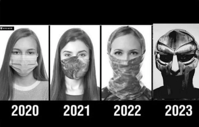 The Goal Of The Left — Mask-progression meme ending in 2023 with MF DOOM's metal mask.