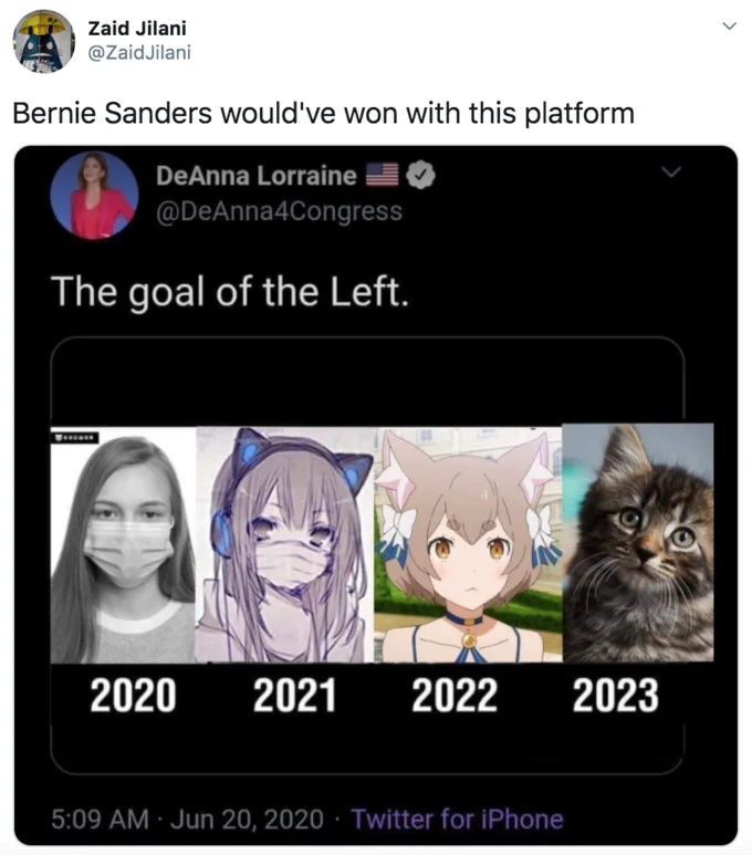 The Goal Of The Left — Reply tweet by Zaid Jilani joking that Bernie Sanders would have won with the catgirl-progression edit of the goal-of-the-left meme.