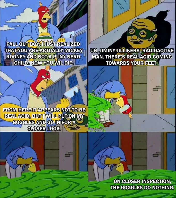 The Goggles Do Nothing! — Six-panel comic sequence from Simpsons Radioactive Man episode showing the goggles do nothing scene with full dialogue