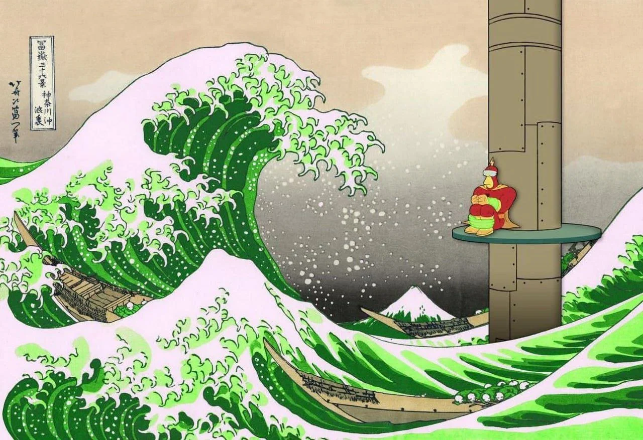 The Goggles Do Nothing! — Hokusai Great Wave off Kanagawa in green with Radioactive Man on a platform about to be struck