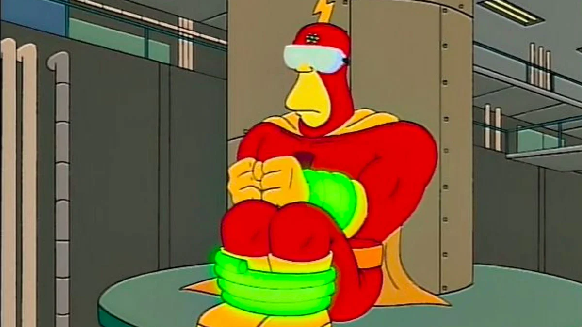 The Goggles Do Nothing! — Radioactive Man cartoon character in red suit wearing white goggles with green acid rings around his body in a lab