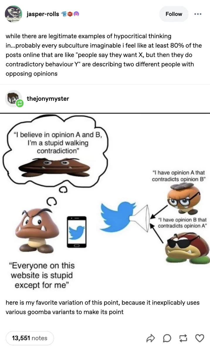 The Goomba Fallacy — Goomba Fallacy meme on dark background showing Twitter contradiction perception