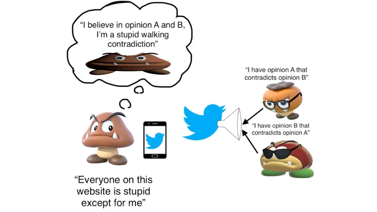 The Goomba Fallacy — Goomba Fallacy meme diagram showing how a Twitter user conflates two different people with opposing views into one hypocrite