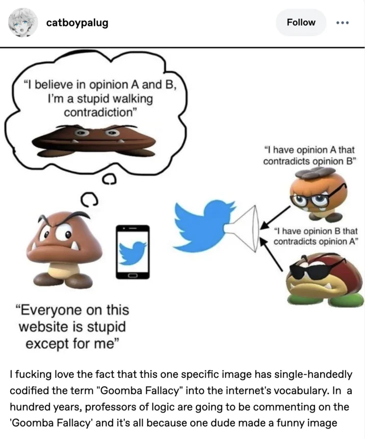 Tumblr post by jasper-rolls discussing the Goomba Fallacy meme