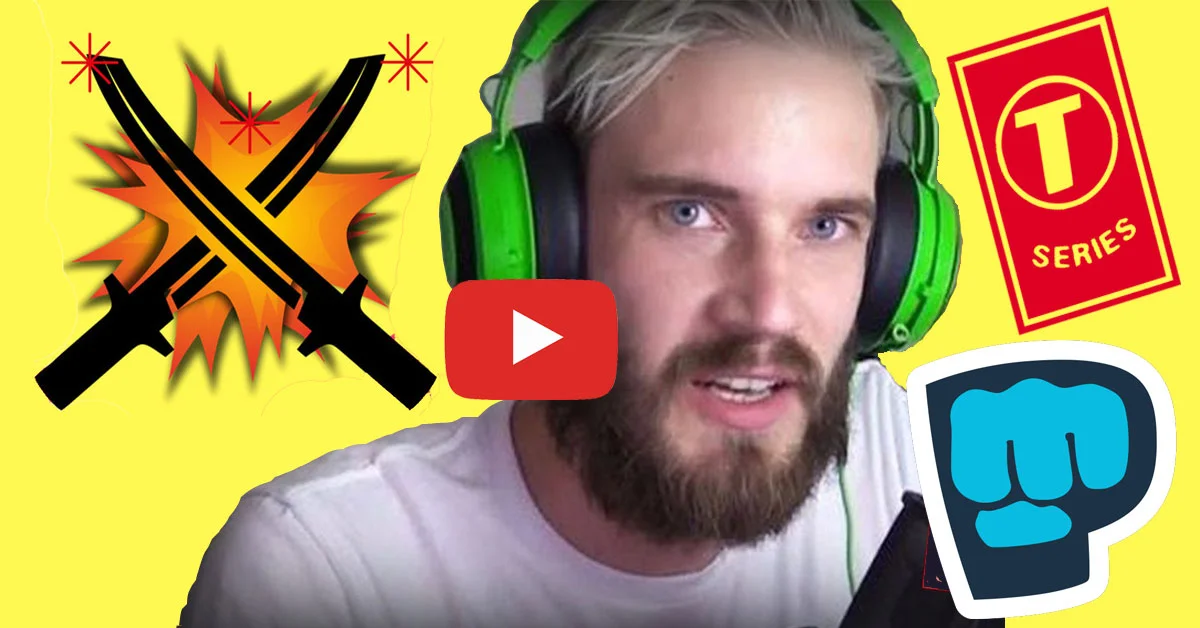 The Great Subscriber War — PewDiePie in green headphones between T-Series logo and Brofist logo with crossed swords and YouTube play button