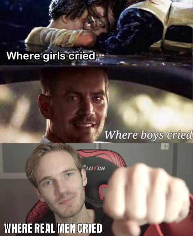 The Great Subscriber War — Three-panel meme showing Titanic, Paul Walker and PewDiePie labeled where girls, boys and real men cried