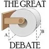 The Great Toilet Paper Debate — A clean graphic showing a toilet paper roll mounted on a standard bathroom wall holder with 'THE GREAT' and 'DEBATE' text