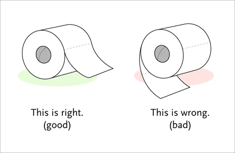 The Great Toilet Paper Debate — An illustrated diagram showing two toilet paper rolls with one labeled 'This is right' in green and one labeled 'This is wrong'