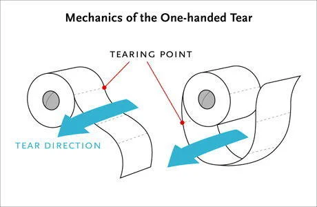 The Great Toilet Paper Debate — An infographic-style illustration showing toilet paper rolls with arrows and labels indicating tearing points and directions.
