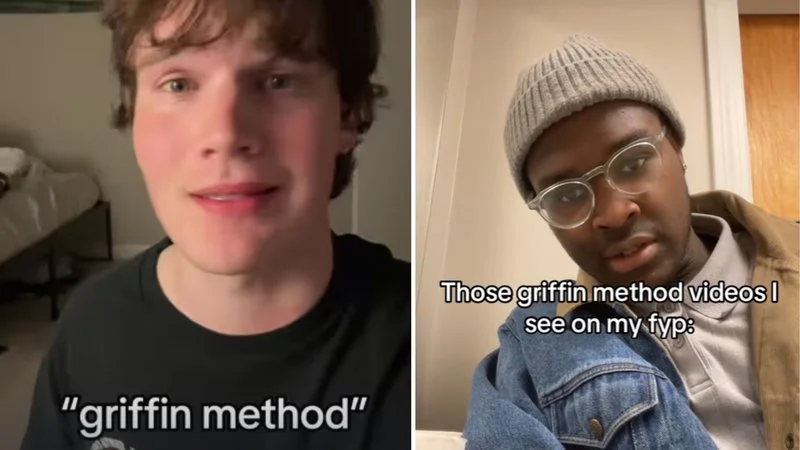 The Griffin Method — A split-screen meme showing Griffin Tomaino on the left labeled 'griffin method' and a creator reacting on the right.