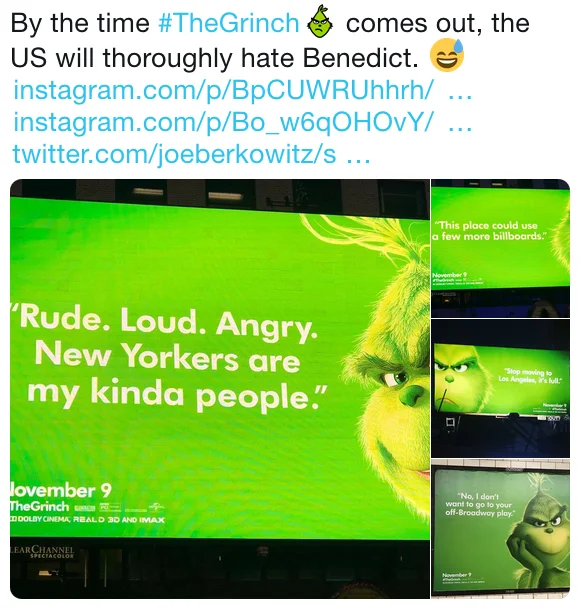 The Grinch — Tweet showing sassy 2018 Grinch movie billboards