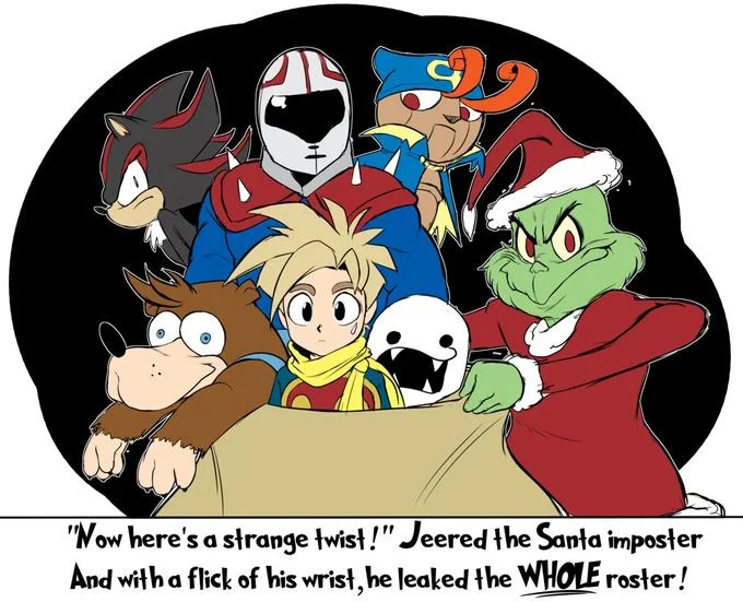 The Grinch — Illustration of Grinch as Santa with Smash Bros characters in his sack