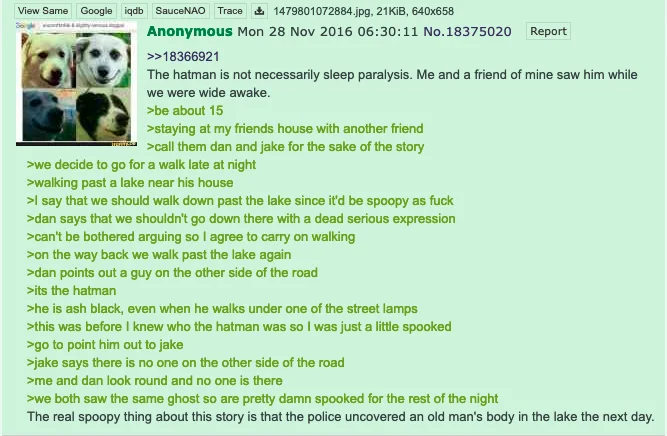 The Hatman — 4chan greentext story about an encounter with the Hat Man near a lake