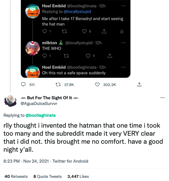 The Hatman — Twitter reply from AguaDulceSurvvr about thinking they invented the Hat Man
