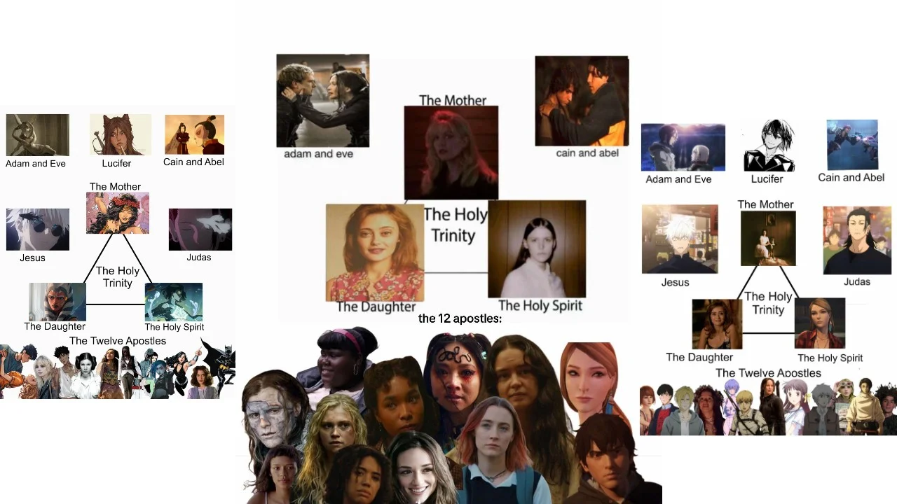 The Holy Trinity — Three side-by-side Holy Trinity meme charts showing various fandom characters mapped to biblical roles