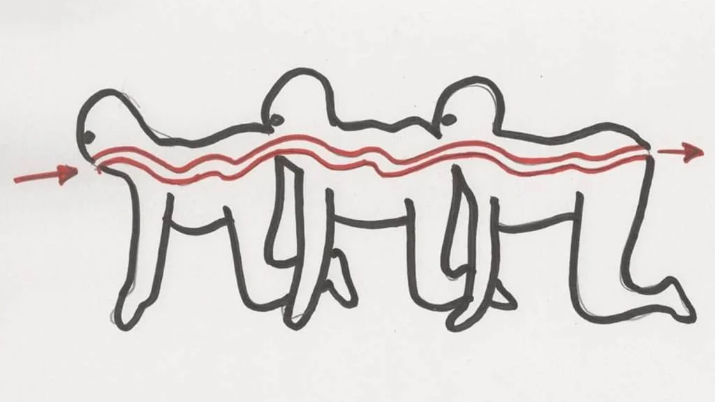 The Human Centipede — Hand-drawn diagram of three stick figures connected mouth-to-anus in a human centipede configuration with a red digestive tract line.