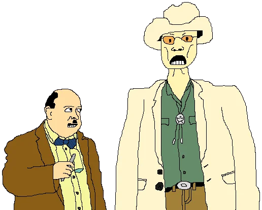 The Human Centipede — MS Paint drawing of two Human Centipede 3 characters, a short accountant and a tall man in a cowboy hat.